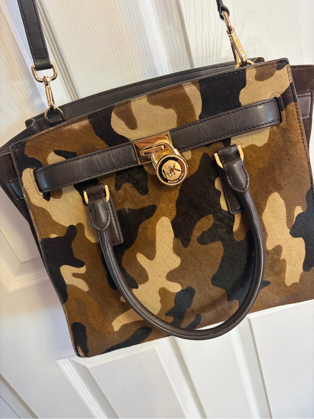 Michael Kors Camouflage Ponyhair Satchel in Brown & Tan